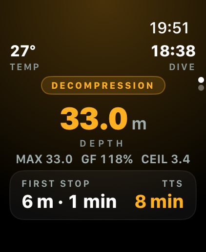 Decompression screen with first stop and time to surface